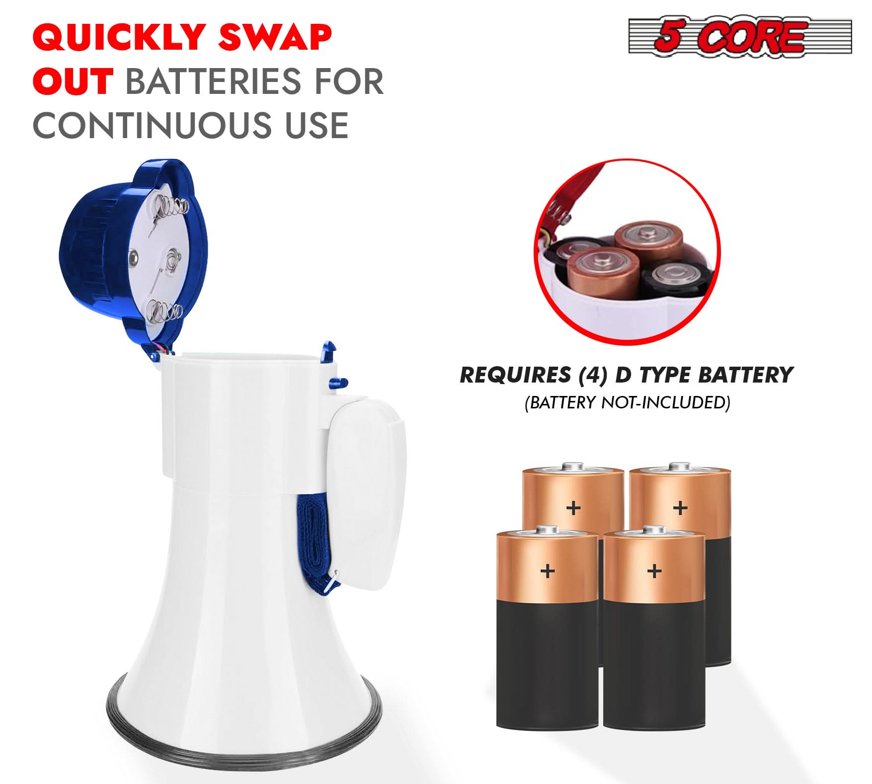 5Core Megaphone Bullhorn Speaker 30W Mini Bull Horn Battery Power Megafono 800 Feet-4