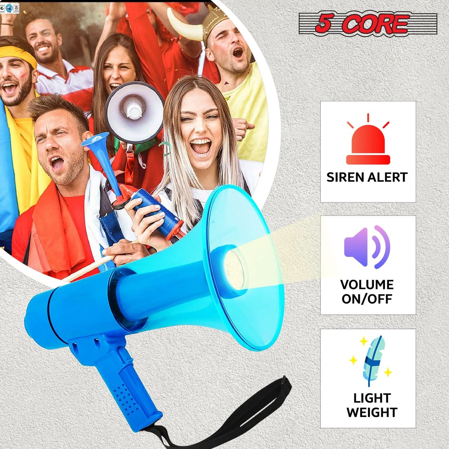 5Core Megaphone Bullhorn Speaker w Siren LED Light Adjustable Volume Bull Horn-2