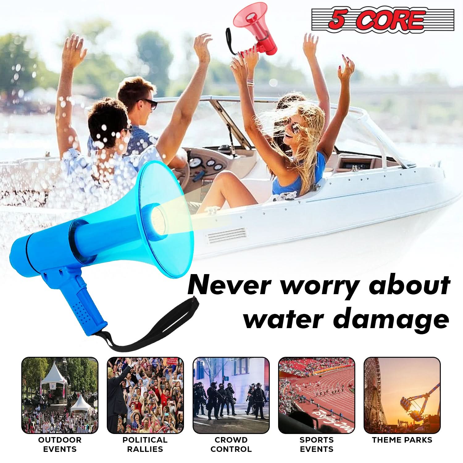 5Core Megaphone Bullhorn Speaker w Siren LED Light Adjustable Volume Bull Horn-4